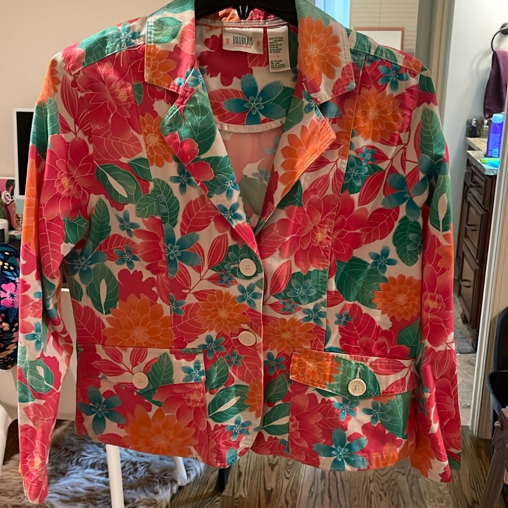 Bill Blass Jeanswear Womens Size L Floral 100% Cotton Blazer Jacket‎ VINTAGE